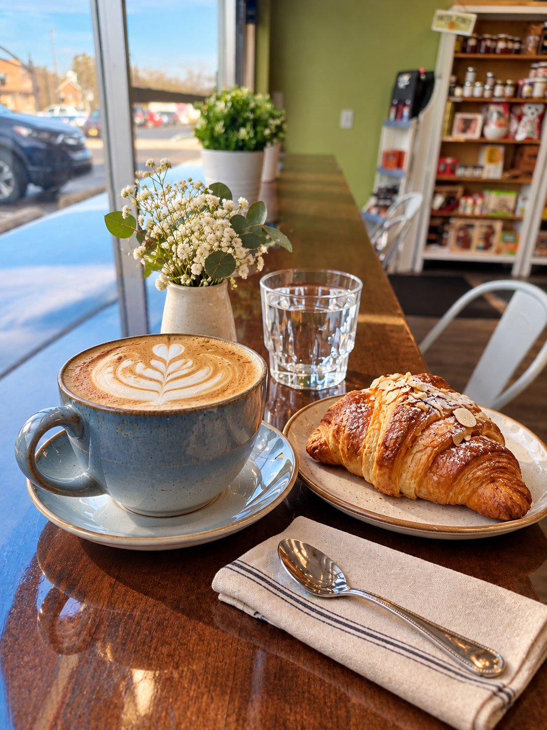 Latte with heart latte art and an almond croissant on a wooden table by the window